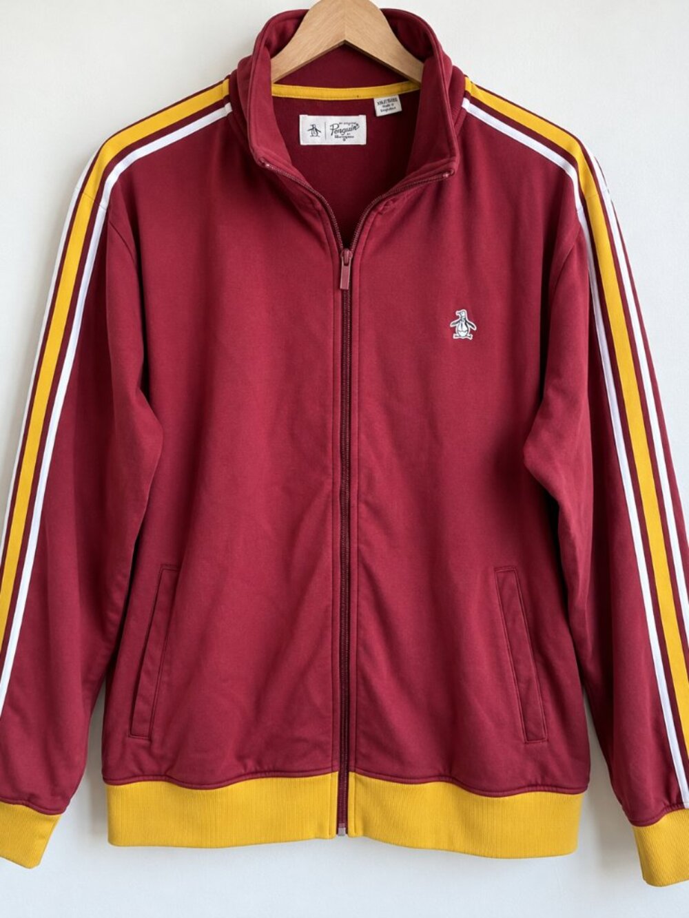 Original Penguin Men’s Striped Sleeve Track Jacket XXL Burgundy Gold